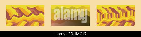 Three mountain vector backgrounds. One gradient, two striped in yellow and orange tones. Stock Vector