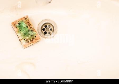 Overhead view of soapy cleaning sponge placed beside metal drain on ceramic bathroom basin Stock Photo