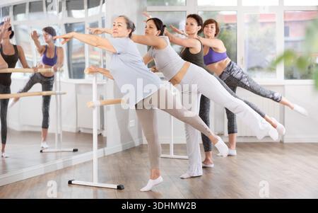 Group of women beginners practicing at ballet barre Stock Photo