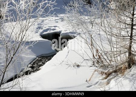 Partially frozen river flowing through a snow-covered landscape in winter. Stock Photo