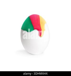Colorful paint dripping down egg on white background. Easter celebration Stock Photo