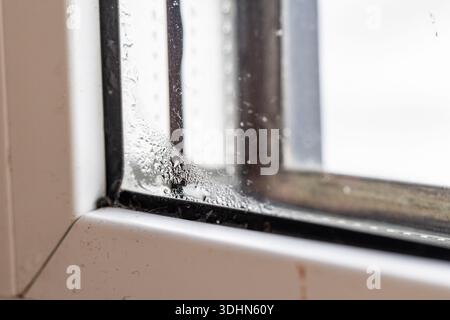 Condensation and moisture on a double glazed window during winter Stock Photo