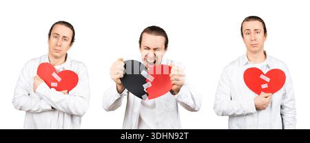 Collage of emotional man with broken and mended paper hearts. Concepts of unhappy love, divorce, pain and hope for reconciliation. High quality photo Stock Photo