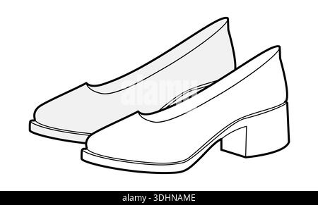 Block heel pump shoe women sketch pair. Closed toe dress shoe for office, meeting, city outfit. Technical fashion illustration, CAD mockup, detailed vector men unisex isolated classic style. Stock Vector