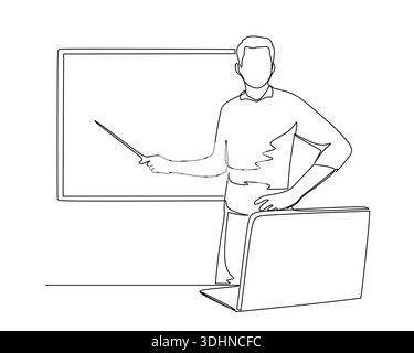 Single line art depicts a male teacher or presenter holding a pointer, standing next to a whiteboard and a laptop Concept of education, online learnin Stock Vector