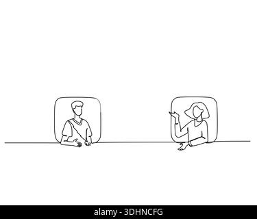 Minimalist line art illustration portraying a man and a woman in separate video conference windows, symbolizing remote communication and connection Stock Vector