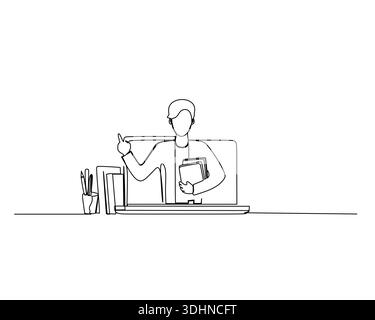 Minimalist continuous line art depicts a student or teacher actively participating in online education, holding books and pointing while using a lapto Stock Vector