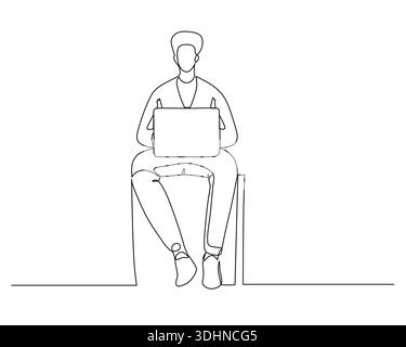 Minimalist continuous line drawing depicts a person focused on a laptop while seated, conveying modern productivity and simple design Stock Vector