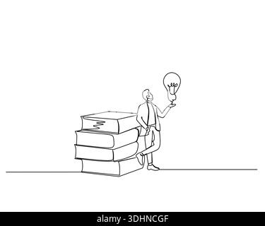 Continuous line drawing shows a man standing by a stack of books, holding an illuminated lightbulb, symbolizing new ideas and knowledge gained through Stock Vector