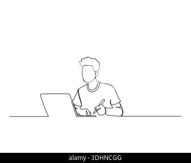 Minimalist continuous line art depicts a focused young person multitasking, using a laptop and writing simultaneously, highlighting productivity and r Stock Vector