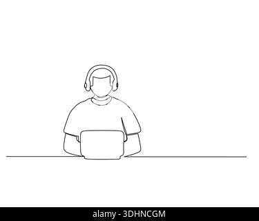 Minimalist one line drawing depicts an individual with headphones focused on a laptop, symbolizing remote work or online learning The simple black and Stock Vector