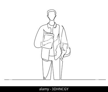 Continuous line art illustration featuring a male figure standing, holding books or documents, and carrying a bag, depicting a student or professional Stock Vector