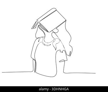 Reading person continuous line drawing depicts long hair wearing t shirt holding open book on head, symbolizing study focus and creative expression Stock Vector
