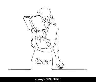 Continuous line art illustration featuring a male figure standing, holding books or documents, and carrying a bag, depicting a student or professional Stock Vector
