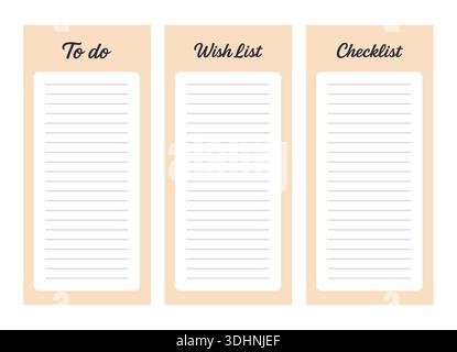 Vector set of planner templates including to-do lists, wish lists, and checklists, designed for organization, productivity, and printable stationery Stock Vector