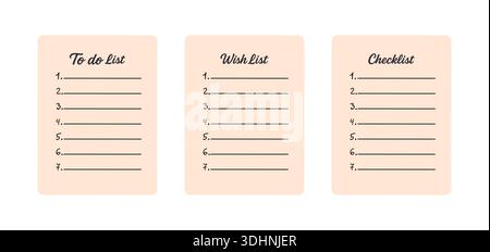 Vector set of planner templates including to-do lists, wish lists, and checklists, designed for organization, productivity, and printable stationery Stock Vector
