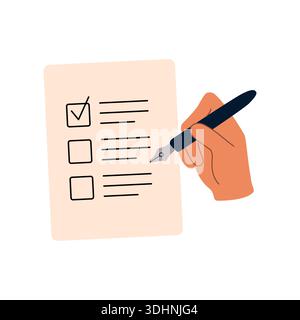Flat vector illustration of a hand with a pen marking completed tasks on a to-do list or filling checkboxes on a document, symbolizing planning Stock Vector