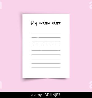 Realistic paper wish list icon with hand-drawn text, symbolizing dreams, goals, and planning. Perfect for holiday designs, shopping apps, and Stock Vector