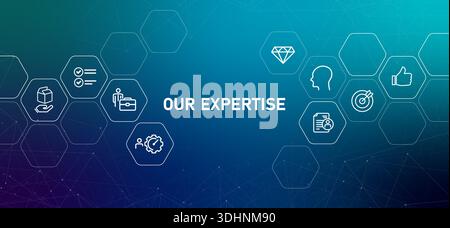 our expertise icons representing professional skills knowledge management consulting and corporate strategic capability for business presentation Stock Vector