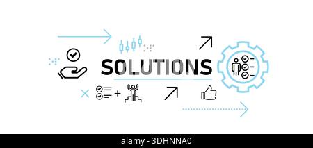 solutions concept of company offerings problem solving and business strategy icons including gear checklist finding correct answer to corporate Stock Vector
