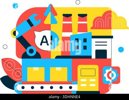 AI Robotics In Industry Vector Illustration Featuring Smart Automation, Industrial Robots, Advanced Manufacturing Technology Background Stock Vector