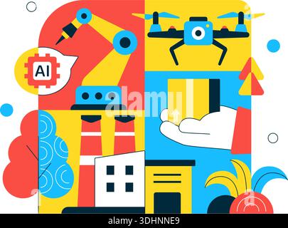AI Robotics In Industry Vector Illustration Featuring Smart Automation, Industrial Robots, Advanced Manufacturing Technology Background Stock Vector