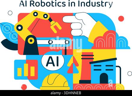 AI Robotics In Industry Vector Illustration Featuring Smart Automation, Industrial Robots, Advanced Manufacturing Technology Background Stock Vector