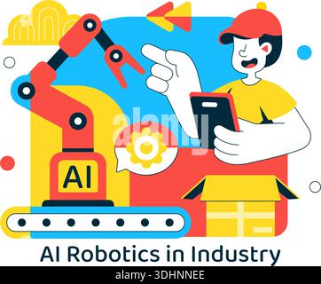 AI Robotics In Industry Vector Illustration Featuring Smart Automation, Industrial Robots, Advanced Manufacturing Technology Background Stock Vector
