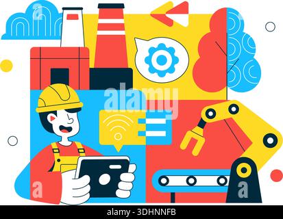 AI Robotics In Industry Vector Illustration Featuring Smart Automation, Industrial Robots, Advanced Manufacturing Technology Background Stock Vector