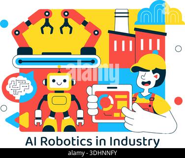 AI Robotics In Industry Vector Illustration Featuring Smart Automation, Industrial Robots, Advanced Manufacturing Technology Background Stock Vector