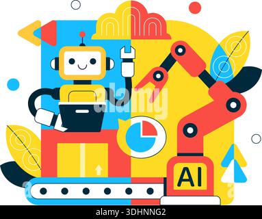 AI Robotics In Industry Vector Illustration Featuring Smart Automation, Industrial Robots, Advanced Manufacturing Technology Background Stock Vector