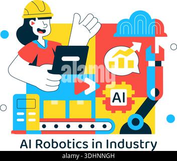 AI Robotics In Industry Vector Illustration Featuring Smart Automation, Industrial Robots, Advanced Manufacturing Technology Background Stock Vector