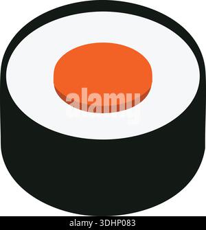 Flat illustration of a sushi roll slice with a dark outer wrap and orange filling in the center Stock Vector
