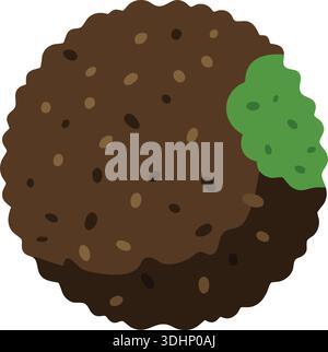 Flat illustration of a round rice ball coated with dark grains and a green filling spot on the side Stock Vector