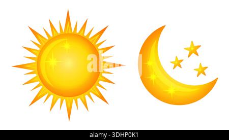 Sun shine, moon crescent, stars on sky, sunny light day, night dark sleep time. Morning sunrise, evening sunset. Hot summer. Bright sunlight. Vector Stock Vector