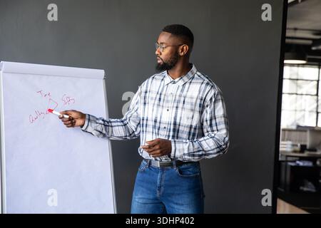 African American middle-aged man presenting, pointing at flip chart with red marker in office Stock Photo