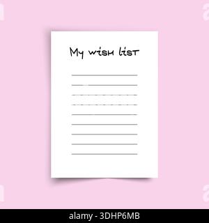 Realistic paper wish list icon with hand-drawn text, symbolizing dreams, goals, and planning. Perfect for holiday designs, shopping apps, and Stock Vector