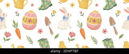 Cute Easter and Spring seamless pattern. Vector background with bunny, egg, chick and gardening tools Stock Vector