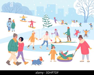 Winter walks in park. Snowy outdoor activities, happy people with kids and pets skate, sledge, and snowboard, leisure and seasonal fun cartoon flat Stock Vector