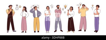 Thoughtful people characters. Young creative persons with ideas, projects, questions, thinking process, problem solving, men and women with speech Stock Vector