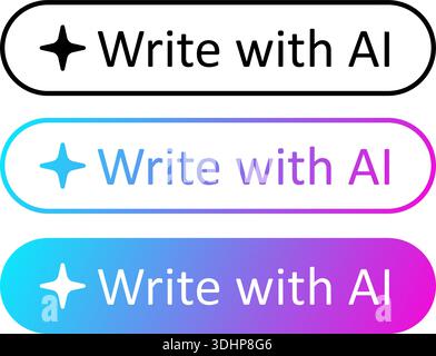 Write with AI button. AI creative stamp. Artificial intelligence symbol. Gradient blue purple digital AI robot sign. Magic star smart assistant Stock Vector