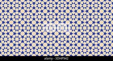 Blue and beige geometric star and circle mosaic tile pattern. Stock Vector