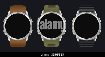 realistic vector smartwatches round with silver metal case and straps collection of modern wearable devices graphic design elements and mockups Stock Vector