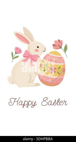 Happy Easter vertical background for stories and reels. Cute bunny holding big egg vector card Stock Vector