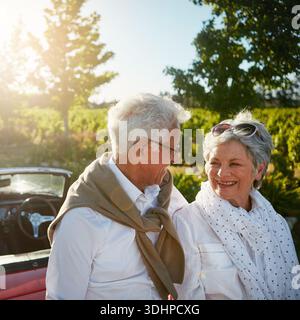 Outdoor, road trip or senior couple by car, happy anniversary journey or romantic travel for marriage. Flare, commitment or elderly people with Stock Photo