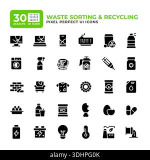 Waste management service glyph essential ui icon set Stock Vector