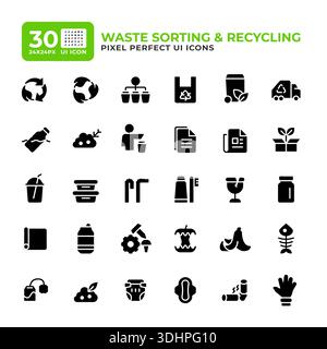Waste recycling process glyph essential ui icon set Stock Vector