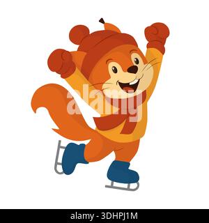 Joyful squirrel jumping on ice with raised paws. Flat vector illustration. This dynamic winter animal character suits children sports themes, festive Stock Vector