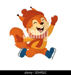 Happy squirrel ice skating and waving in flat cartoon style. Cute winter animal character illustration for kids content, ice rink posters, holiday car Stock Vector