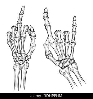 Skeleton hand in a heavy metal gesture, black and white sketch. Vector illustration. Drawing in simple style, set isolated on white background. Suitab Stock Vector